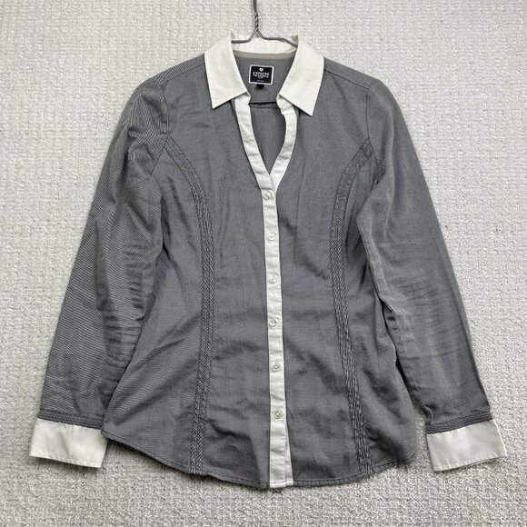 Express The Essential Womens M Long Sleeve Button Up Shirt Grey Blouse Top - Picture 1 of 14